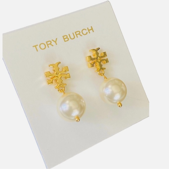 NEW Tory Burch Gold T-Logo Swarovski Pearl Drop Earrings NWT $135 - Picture 3 of 6